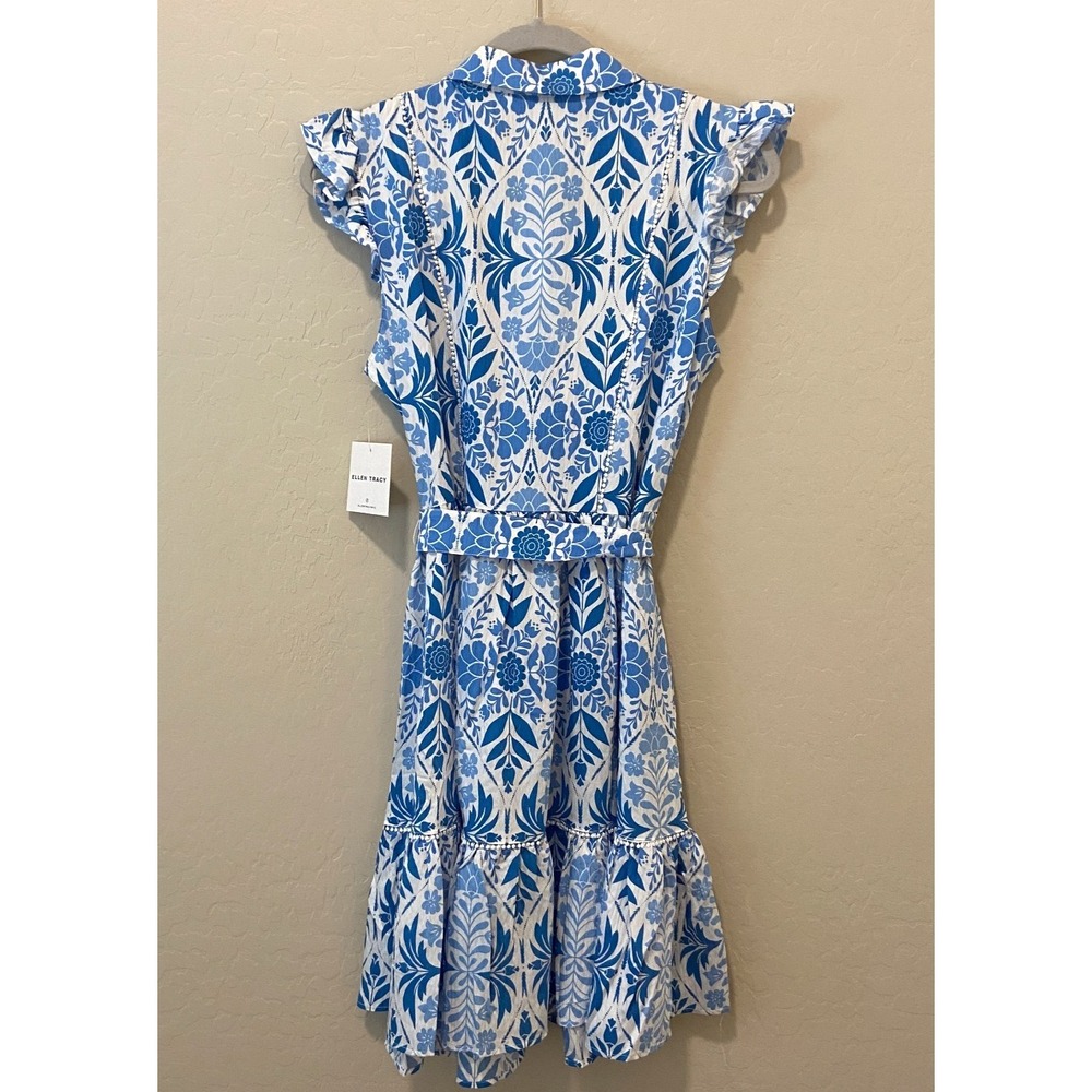 NWT Ellen Tracy Blue Vintage Floral Fit & Flare Dress Cap Sleeve Button Front M - Picture 3 of 16
